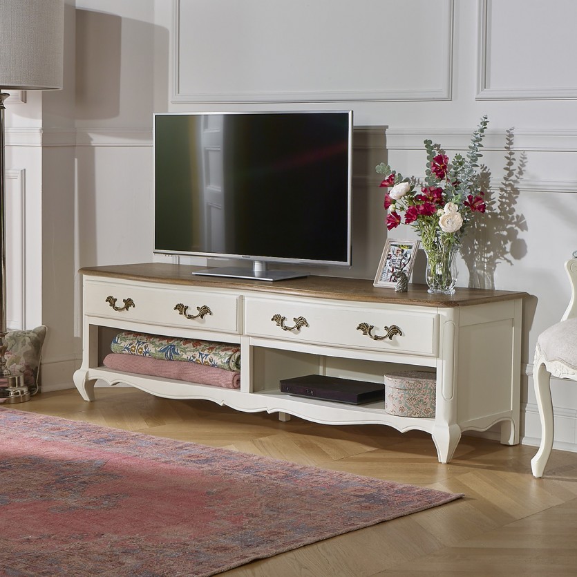 SAVOY - Mueble de TV estilo shabby chic con tablero de roble, 2 nichos, 2 cajones