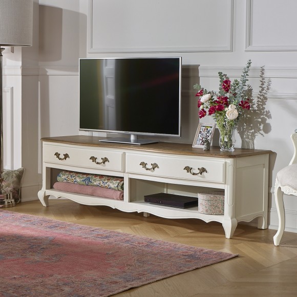 SAVOY - Shabby chic style TV stand with oak top, 2 shelves, 2 drawers