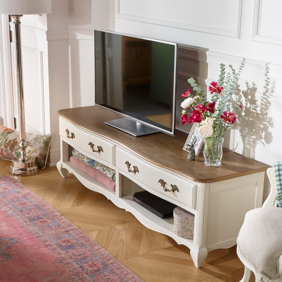 SAVOY - Shabby-Chic-TV-Möbel mit Eichenplatte, 2 Fächer, 2 Schubladen