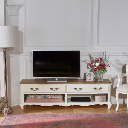 SAVOY - Shabby-Chic-TV-Möbel mit Eichenplatte, 2 Fächer, 2 Schubladen