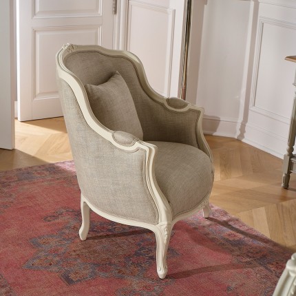 VICTOR - Sillón bergère estilo romántico de madera y lino premium, 1 plaza