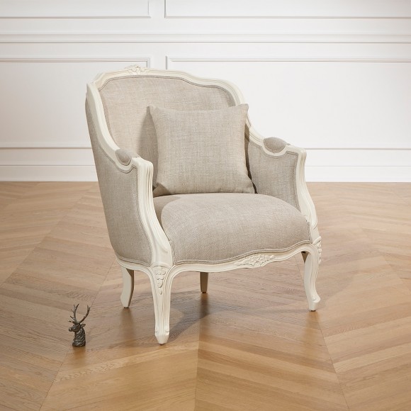 VICTOR - Romantic style bergère armchair in wood and premium linen, 1 seat