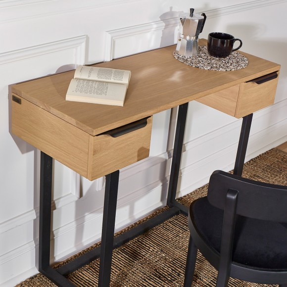 BOSTON - Contemporary console-style desk in oak and metal, 2 drawers