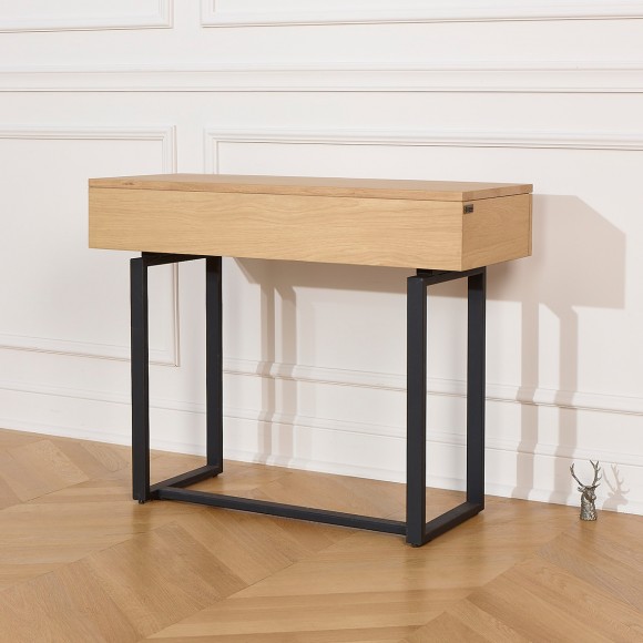 BOSTON - Contemporary console-style desk in oak and metal, 2 drawers