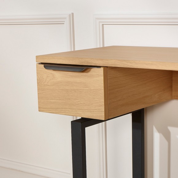 BOSTON - Contemporary console-style desk in oak and metal, 2 drawers