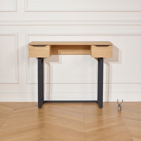 BOSTON - Contemporary console-style desk in oak and metal, 2 drawers