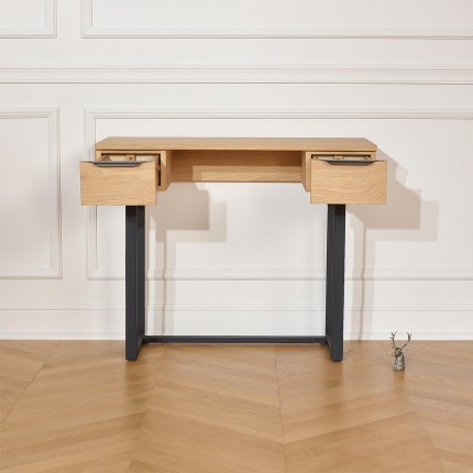 BOSTON - Contemporary console-style desk in oak and metal, 2 drawers