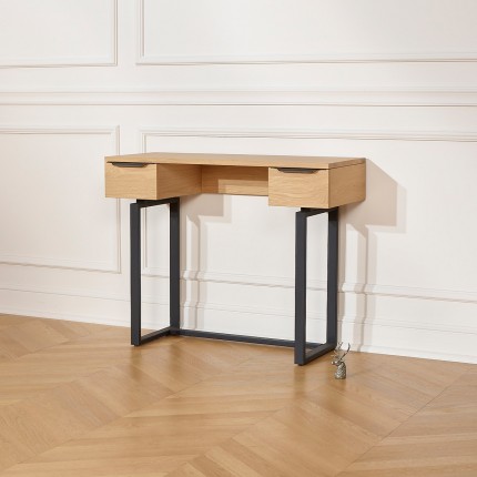 BOSTON - Contemporary console-style desk in oak and metal, 2 drawers