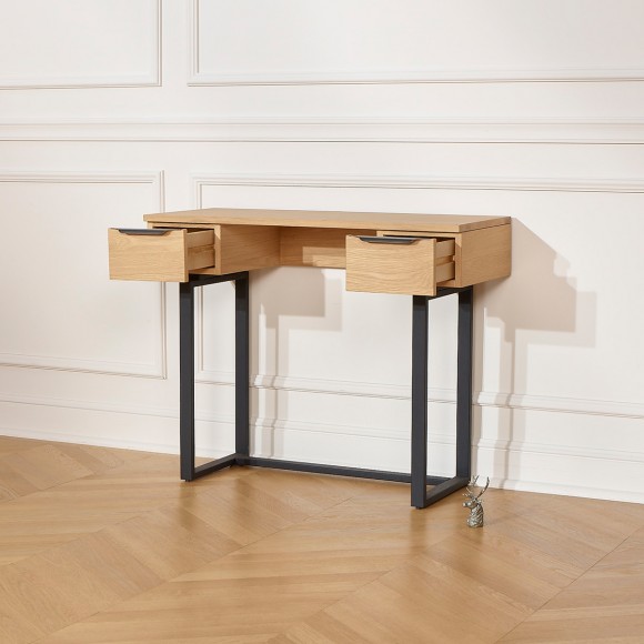 BOSTON - Contemporary console-style desk in oak and metal, 2 drawers