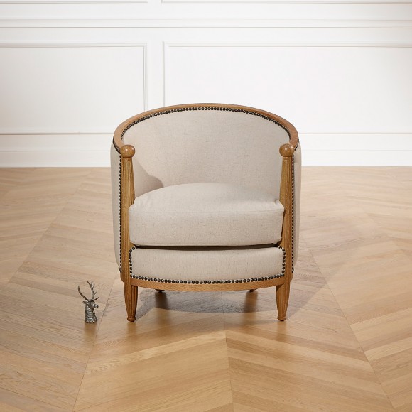 CAROLE – Romantic-style armchair in oak and cotton linen, FSC® certified wood, 1 seat