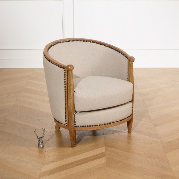 CAROLE – Fauteuil style romantique en chêne et lin coton, bois certifié FSC®, 1 place