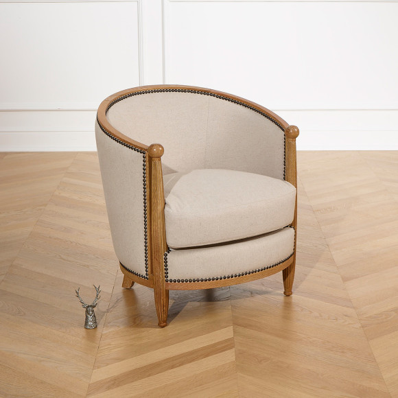 CAROLE - Art Deco style barrel armchair in oak and cotton linen, 1 seat