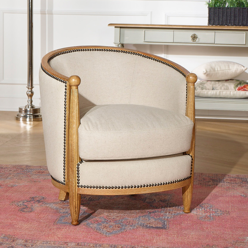 CAROLE - Art Deco style barrel armchair in oak and cotton linen, 1 seat