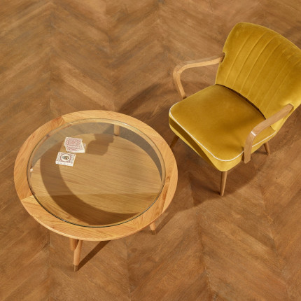 MANHATTAN – Runder Couchtisch mit doppelter Ablage, moderner Stil in Eiche und gehärtetem Glas, FSC®-zertifiziertes Holz