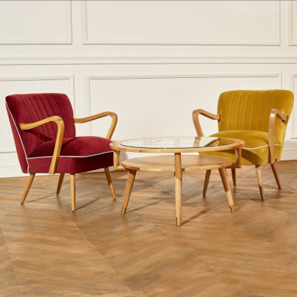 MANHATTAN – Runder Couchtisch mit doppelter Ablage, moderner Stil in Eiche und gehärtetem Glas, FSC®-zertifiziertes Holz