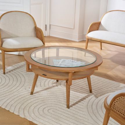 MANHATTAN - Round double-tier coffee table, modern style in oak and tempered glass, FSC® certified wood