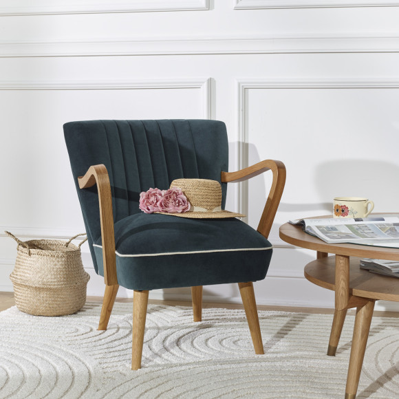 SIXTY - Vintage style armchair in oak and velvet, 1 seat