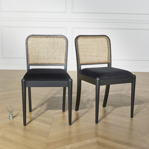 ARTHUR – Modern style chairs in wood and cotton velvet, rattan backrest, FSC® certified wood