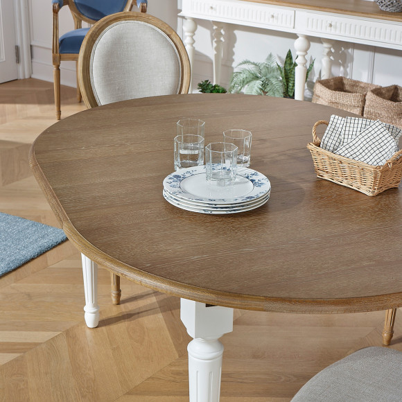 ARLINGTON - Table ronde extensible style romantique, plateau en chêne, 4/6 couverts, FSC®