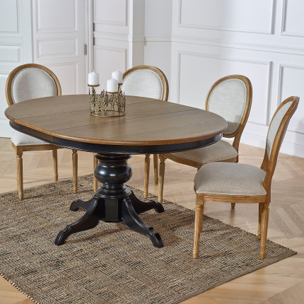 ARIANE - Extendable dining table with extension leaf, oak top, black legs, seats 6/8