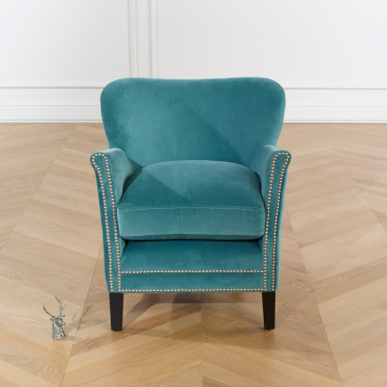 MAX - Fauteuil club clouté style moderne en velours et bois, 1 place