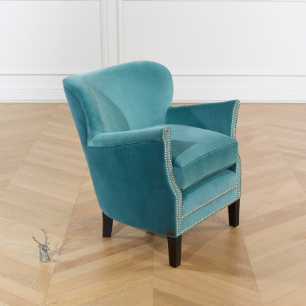 MAX - Fauteuil club clouté style moderne en velours et bois, 1 place