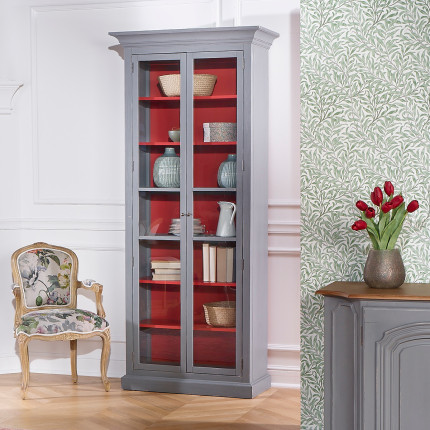 EMILY - Shabby chic style display cabinet, lacquered gray, 2 doors, 6 shelves