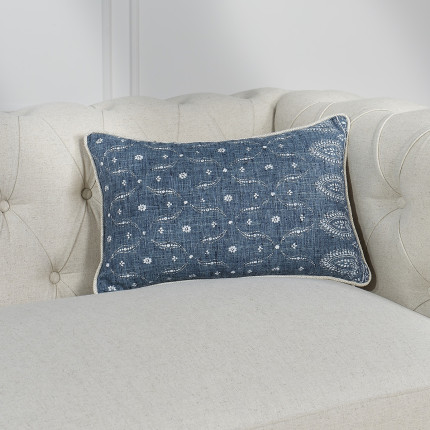 LUNE BLEUE – Coussin rectangle en tissu à motifs fleuris et lin premium, 49 x 32 cm