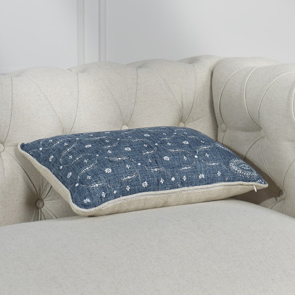 LUNE BLEUE – Coussin rectangle en tissu à motifs fleuris et lin premium, 49 x 32 cm