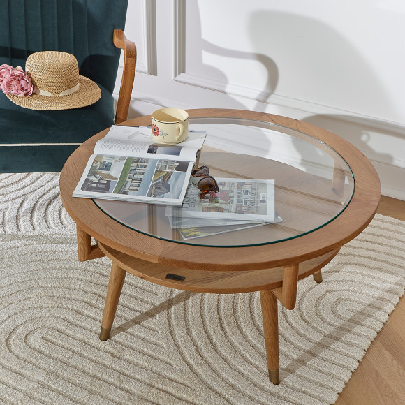 MANHATTAN - Round double-tier coffee table, modern style in oak and tempered glass, FSC® certified wood