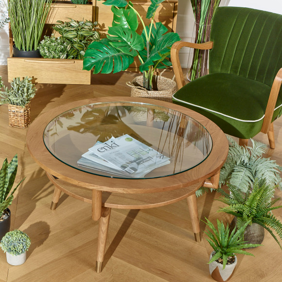 MANHATTAN – Runder Couchtisch mit doppelter Ablage, moderner Stil in Eiche und gehärtetem Glas, FSC®-zertifiziertes Holz