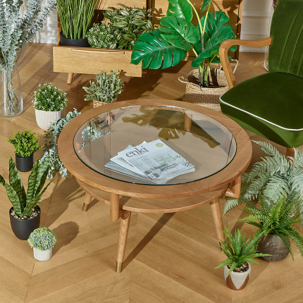 MANHATTAN – Runder Couchtisch mit doppelter Ablage, moderner Stil in Eiche und gehärtetem Glas, FSC®-zertifiziertes Holz