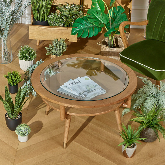 MANHATTAN – Runder Couchtisch mit doppelter Ablage, moderner Stil in Eiche und gehärtetem Glas, FSC®-zertifiziertes Holz