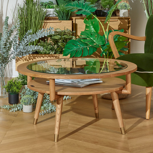 MANHATTAN – Runder Couchtisch mit doppelter Ablage, moderner Stil in Eiche und gehärtetem Glas, FSC®-zertifiziertes Holz