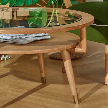 MANHATTAN – Runder Couchtisch mit doppelter Ablage, moderner Stil in Eiche und gehärtetem Glas, FSC®-zertifiziertes Holz