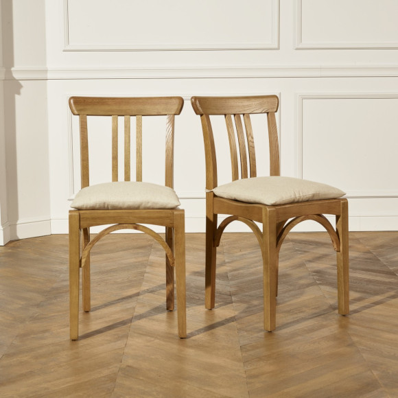 CALBAR - Chaises bistrot style contemporain en bois massif, coussins lin coton, lot de 2 , bois certifié FSC®