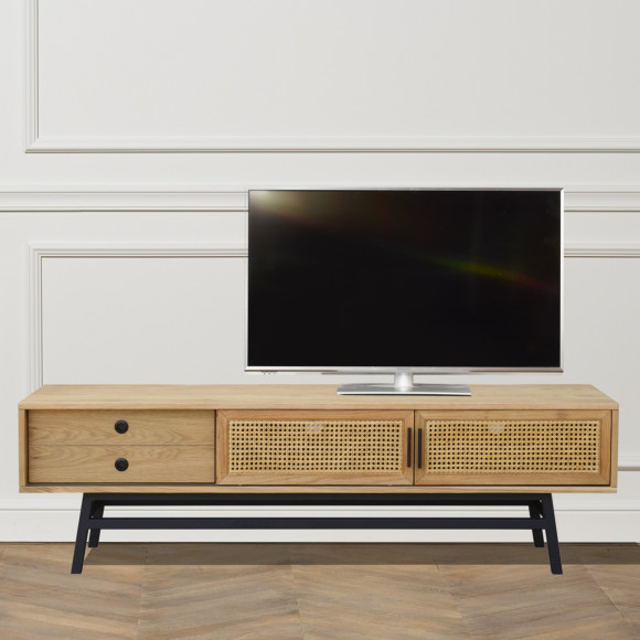LALALA - Meuble TV style scandinave en bois et robin, 2 portes, 1 tiroir