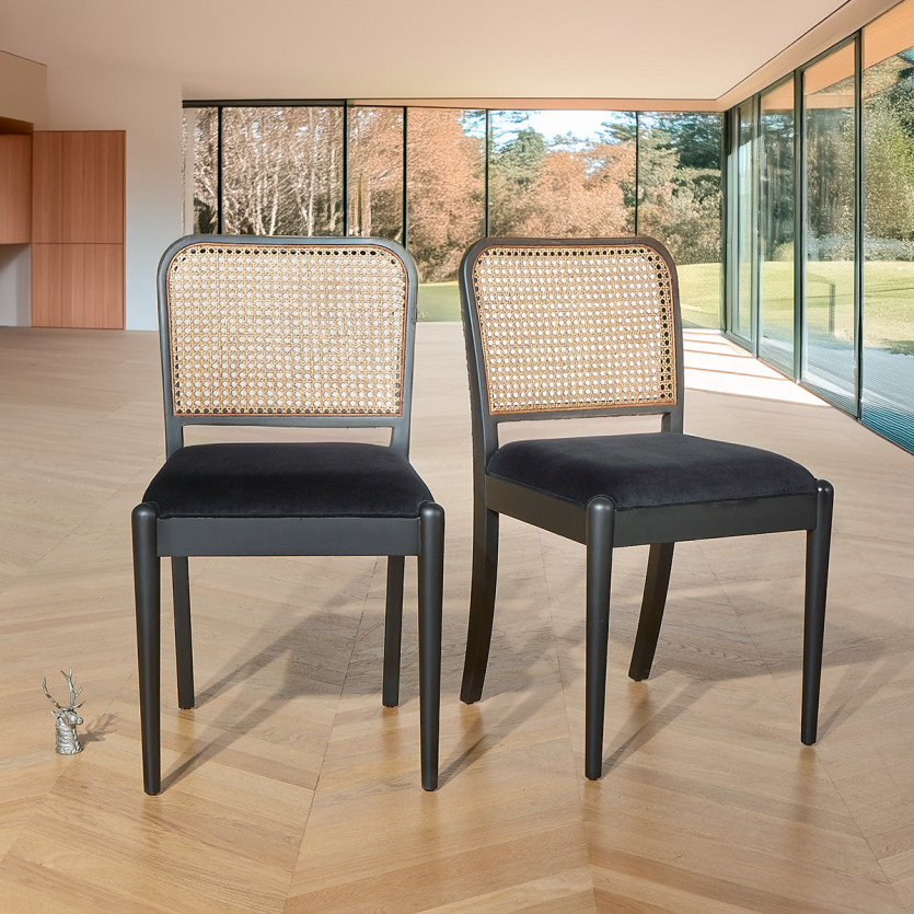 ARTHUR – Modern style chairs in wood and cotton velvet, rattan backrest, FSC® certified wood