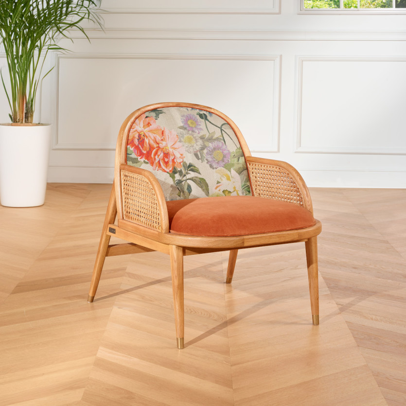 MARCEL TUBEROSE - Contemporary style armchair in oak, cane, and velvet, 1 seat