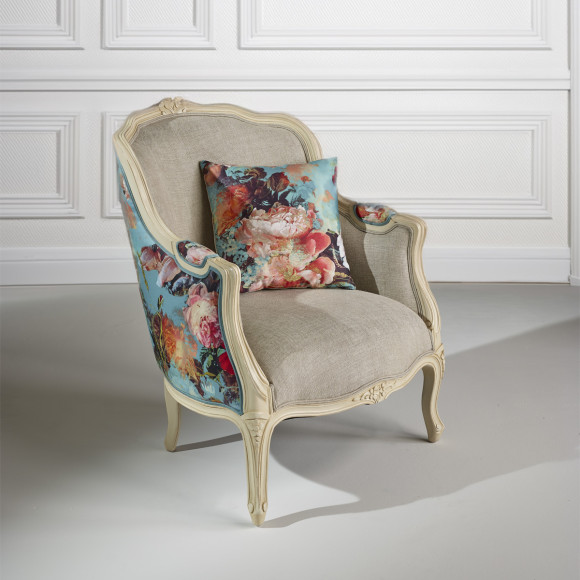 VICTOR BOTANIQUE - Fauteuil bergère style romantique en tissu imprimé et bois massif, 1 place