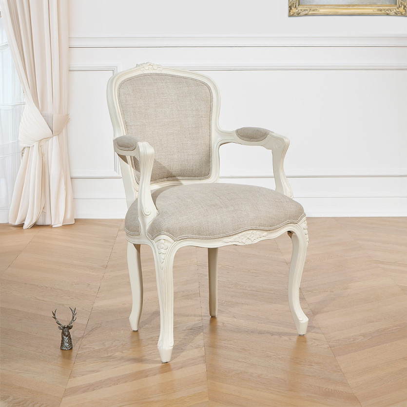 LOUVRE - Sillón cabriolet de estilo clásico en madera blanca patinada y lino, 1 plaza