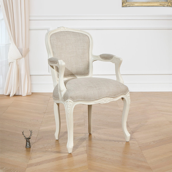 LOUVRE - Fauteuil cabriolet style classique en bois blanc patiné et lin, 1 place