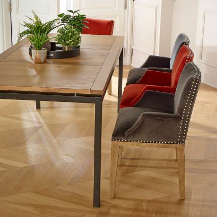 AIMIE - Tavolo da pranzo in stile industriale con piano in rovere e gambe in metallo, 8 posti a sedere, legno certificato FSC®