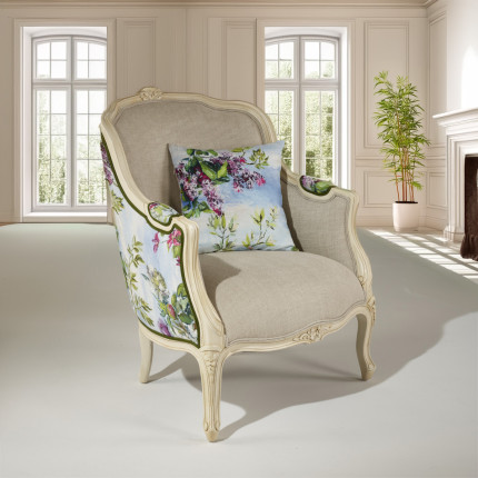 VICTOR MERVEILLES - Fauteuil bergère style shabby chic en lin imprimé et bois massif, 1 place