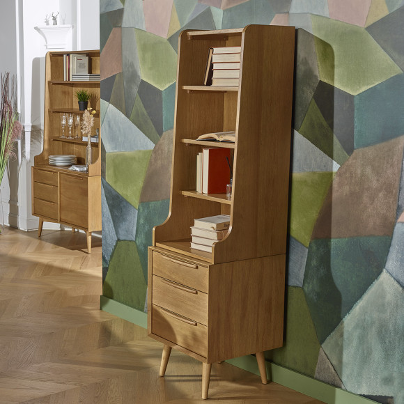 DALHIA - Piccola libreria in stile scandinavo in legno, 4 ripiani e 3 cassetti