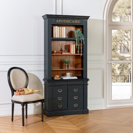 GASPARD - Classic style solid wood library, antique patina, 2 doors, 4 shelves, 1 drawer