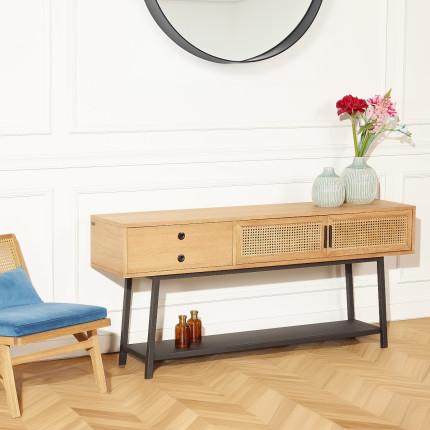 LALALA - Console style scandinave en chêne, cannage et métal, 2 portes, 1 tiroir