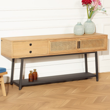 LALALA - Console style scandinave en chêne, cannage et métal, 2 portes, 1 tiroir