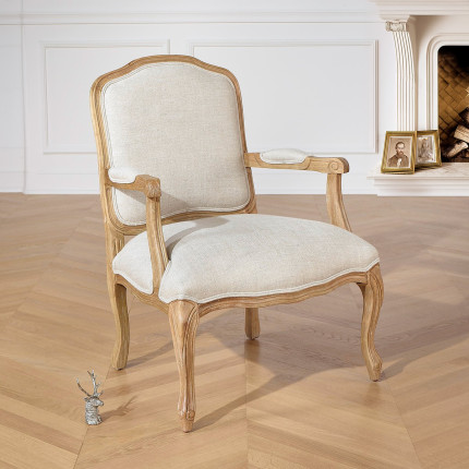 INES – Sillón cabriolé estilo Luis XV en madera y tela de lino premium, 1 plaza