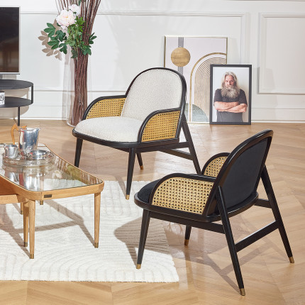 MARCEL – Fauteuil style moderne en rotin, bois massif et tissu effet laine bouclée, 1 place